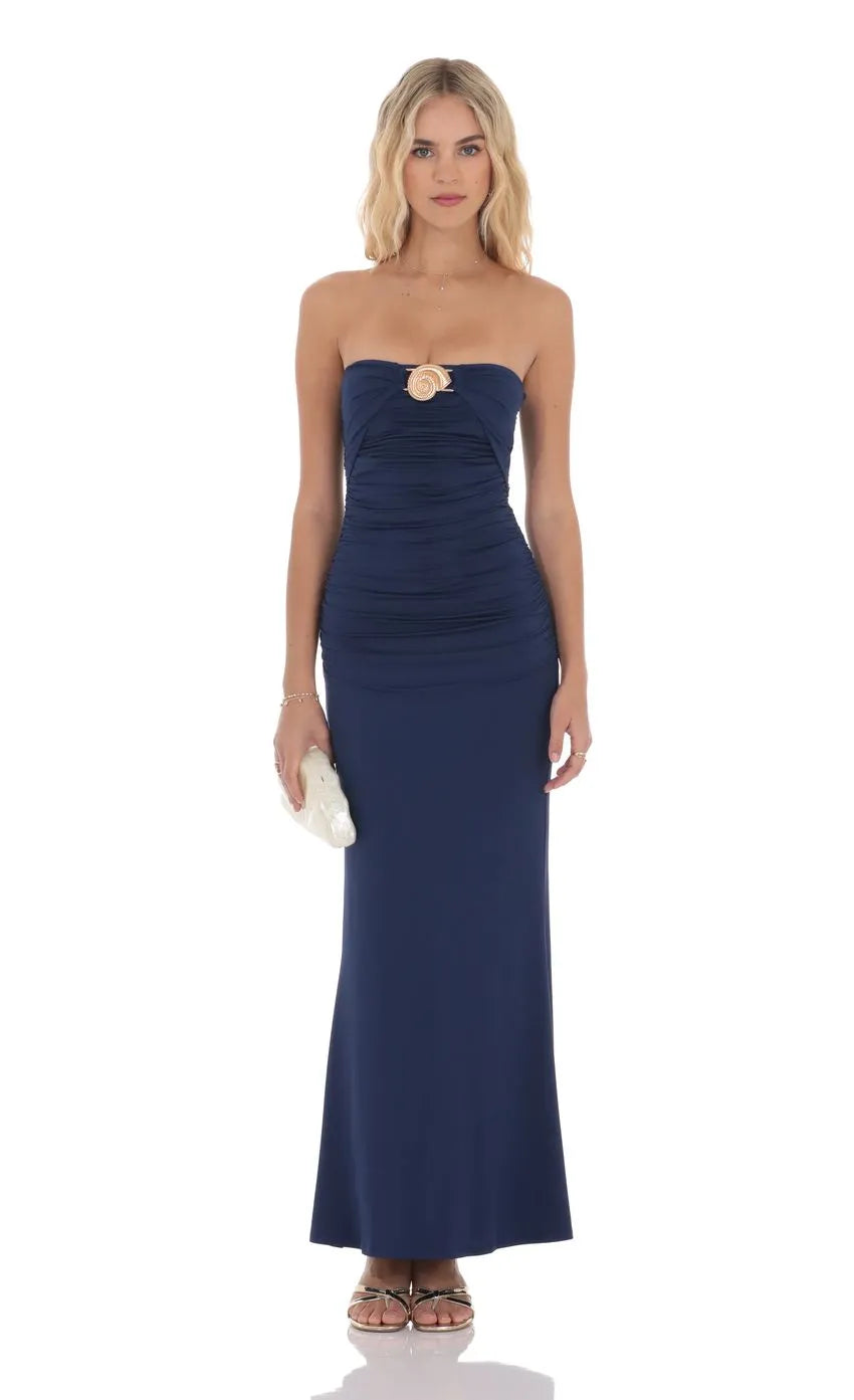 Navy Blue Strapless Prom Dress with Gold Ornament Ruched Bodice Floor Length Silhouette for Formal Evening Events