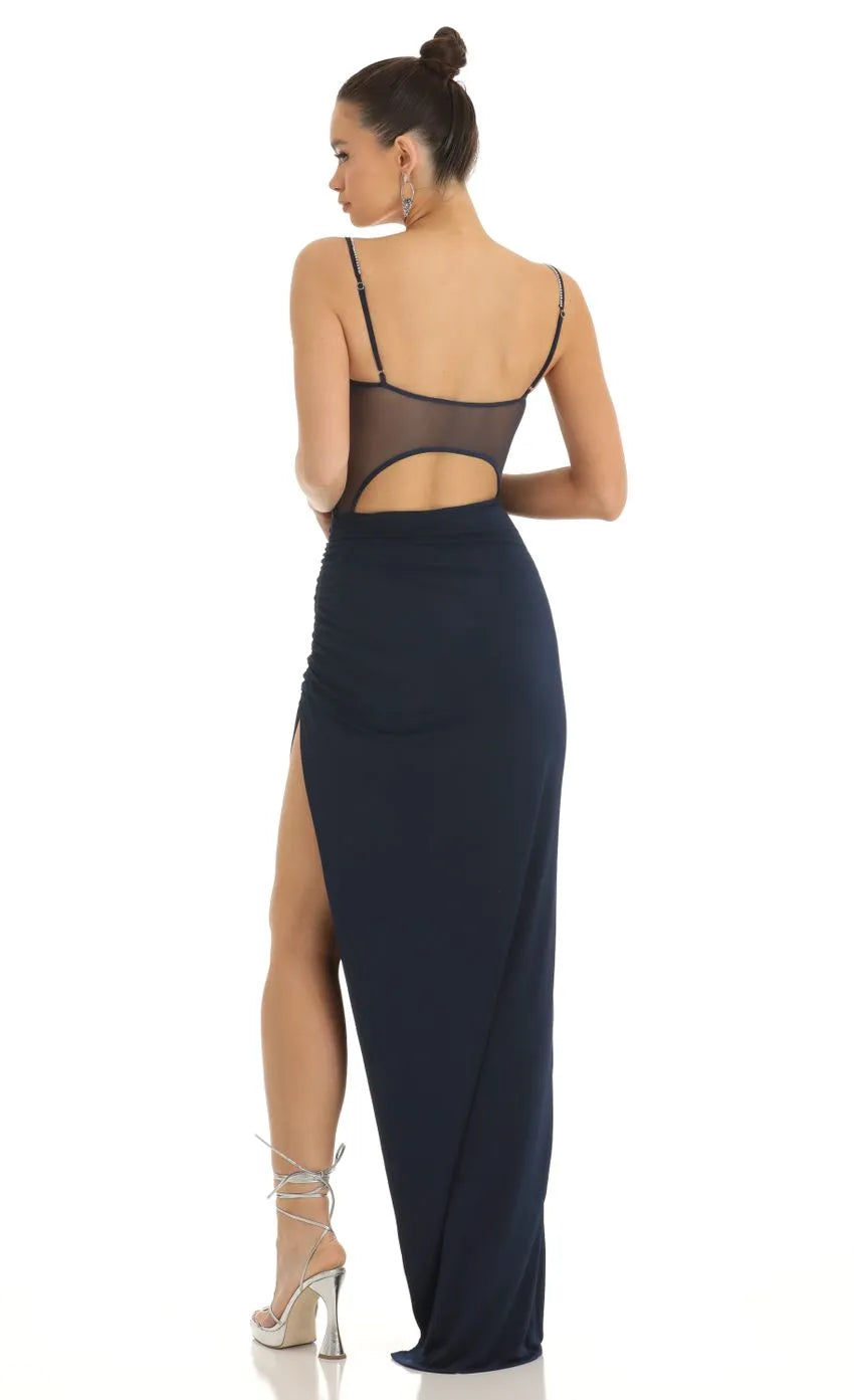 Navy Blue Strappy Prom Dress Ruched Bodice Square Neckline High Asymmetric Slit Shine at Prom Night