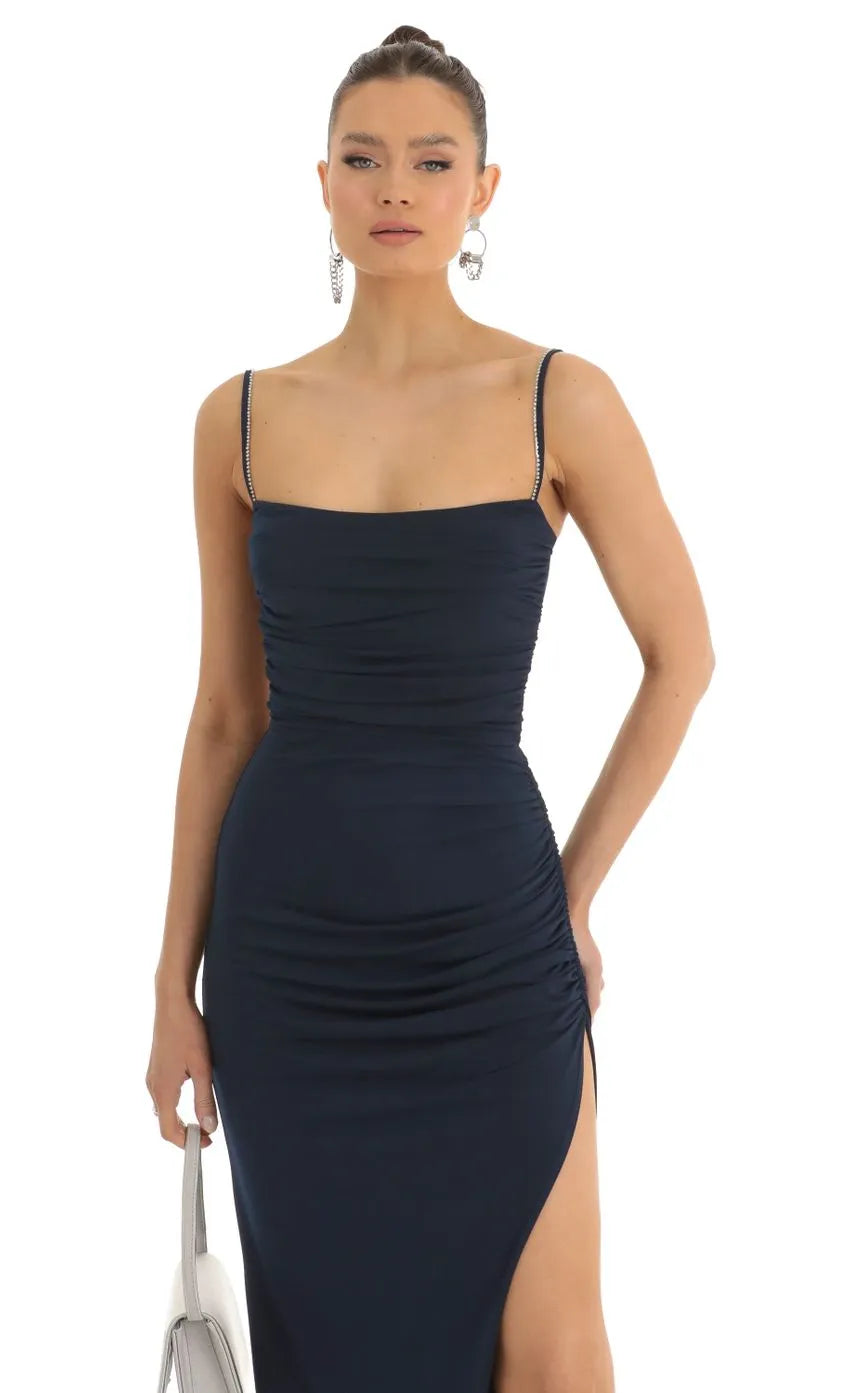 Navy Blue Strappy Prom Dress Ruched Bodice Square Neckline High Asymmetric Slit Shine at Prom Night