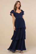Navy Blue Sweetheart Neckline Ruffled Sleeve Tiered Prom Dresses Perfect for Proms Balls and Formal Occasions Flowy Fabric for Graceful Movement