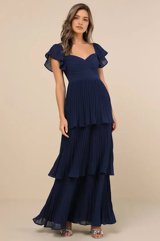 Navy Blue Sweetheart Neckline Ruffled Sleeve Tiered Prom Dresses Perfect for Proms Balls and Formal Occasions Flowy Fabric for Graceful Movement