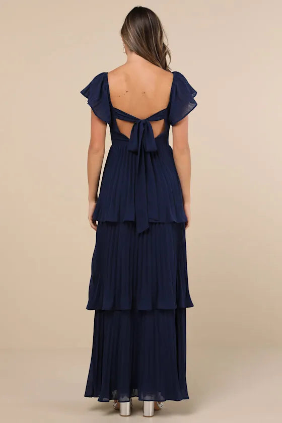 Navy Blue Sweetheart Neckline Ruffled Sleeve Tiered Prom Dresses Perfect for Proms Balls and Formal Occasions Flowy Fabric for Graceful Movement