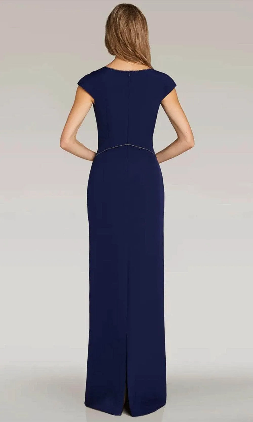 Navy Blue V - Neck Evening Dress with Cap Sleeves Bow Accent and Decorative Stitching