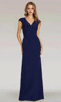 Navy Blue V - Neck Evening Dress with Cap Sleeves Bow Accent and Decorative Stitching