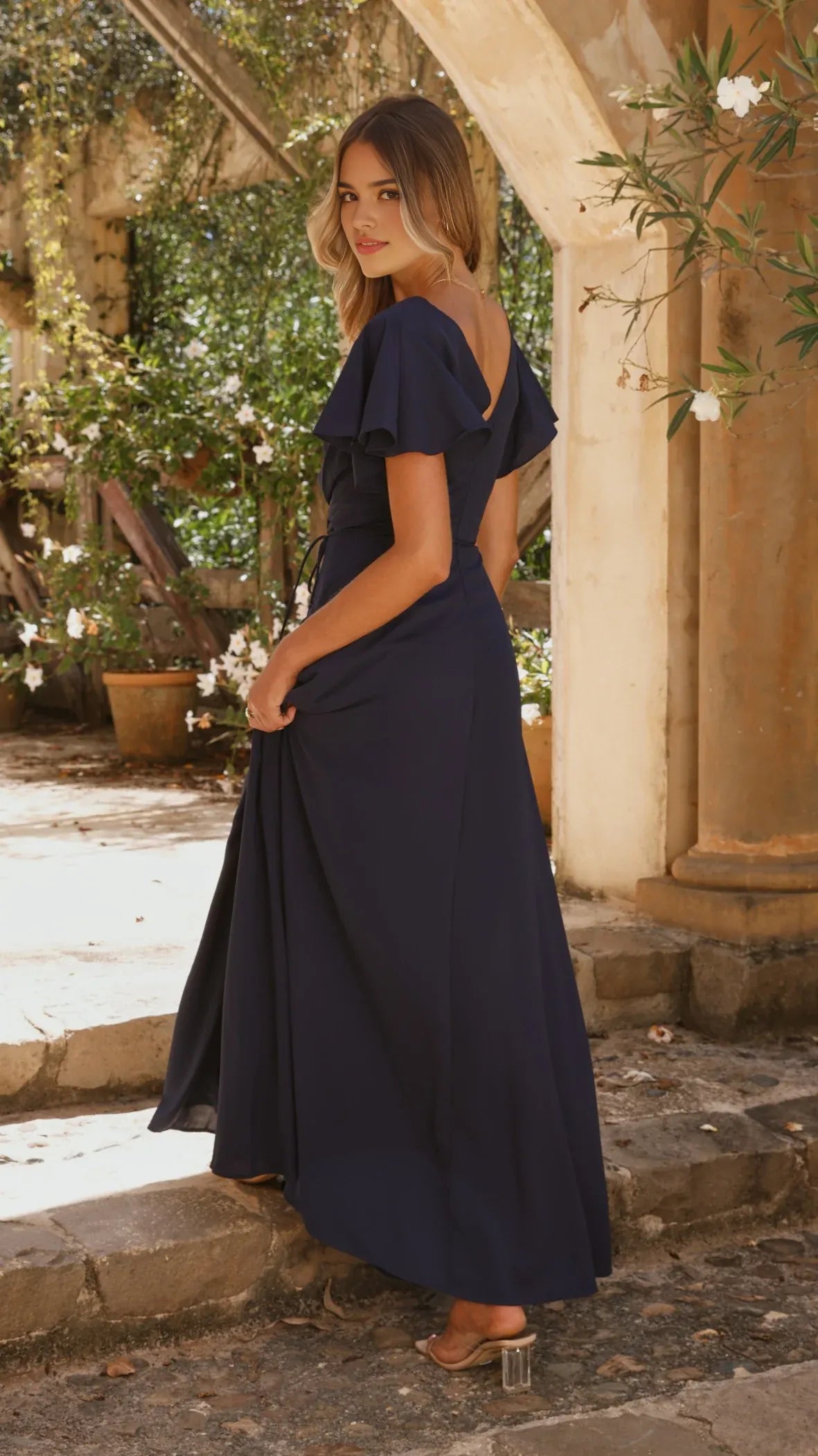 Navy Blue V - Neck Flutter Sleeve Prom Dress with Side Slit and Waist Tie Perfect for Sophisticated Evening Occasions