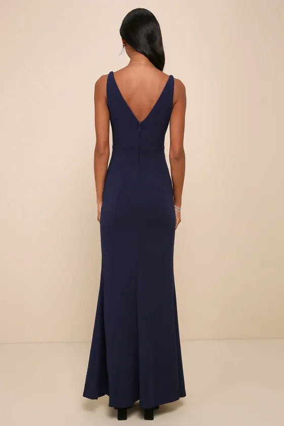 Navy Blue V - Neck Sleeveless Mermaid Cut Maxi Prom Dresses Perfect for Prom Formal Balls and Special