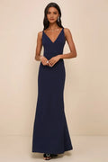Navy Blue V - Neck Sleeveless Mermaid Cut Maxi Prom Dresses Perfect for Prom Formal Balls and Special