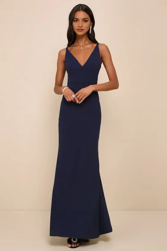 Navy Blue V - Neck Sleeveless Mermaid Cut Maxi Prom Dresses Perfect for Prom Formal Balls and Special