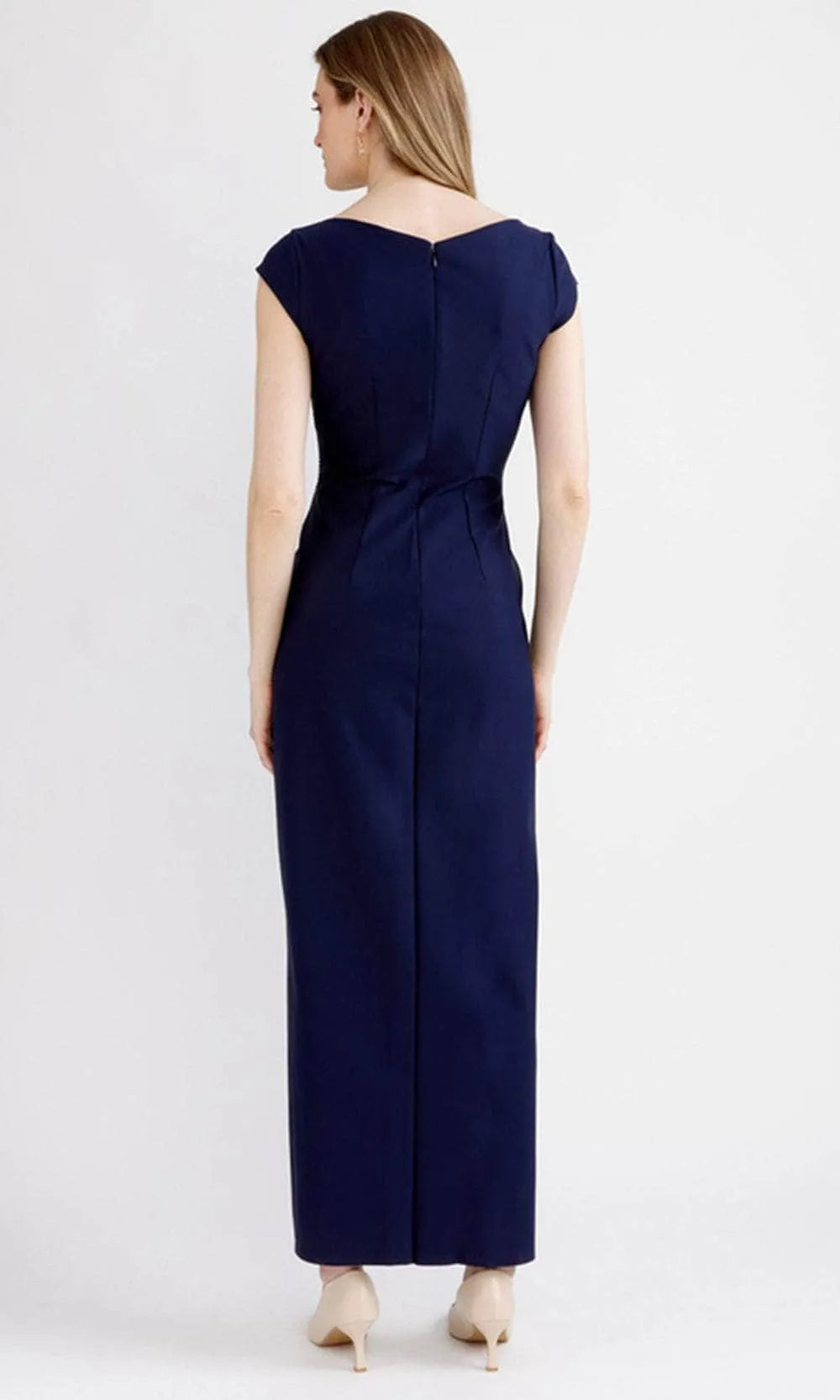 Navy Blue V Neck Evening Dress with Draped Bodice and Cap Sleeves for Formal Occasions