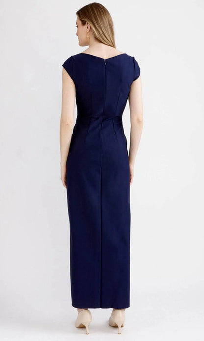 Elegant Navy-Blue A-Line V-Neck Cap-Sleeve Classic-Back Floor-Length Evening Dress