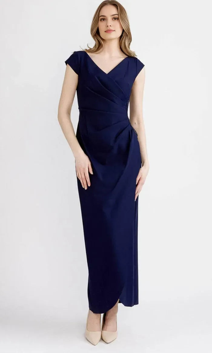 Navy Blue V Neck Evening Dress with Draped Bodice and Cap Sleeves for Formal Occasions