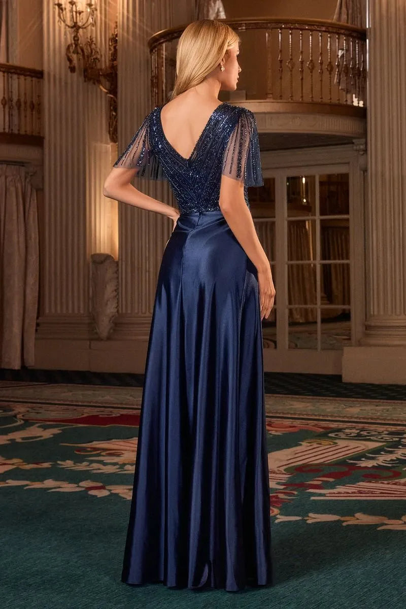 Navy Blue Prom Dress with V Neck Bodice and Flared Sleeves for Formal Galas