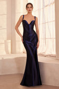 Navy Blue Prom Dress with V Neck Bodice and Flared Sleeves for Formal Galas