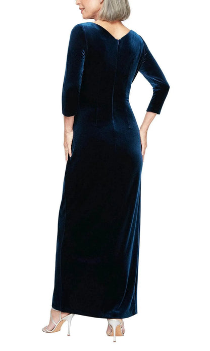 Elegant Navy-Blue Slit A-Line Classic-Neck Three-Quarter-Sleeve Classic-Back Floor-Length Wedding Dress