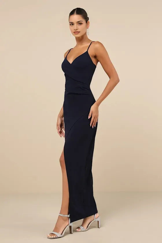 Navy Blue Wrap Front Spaghetti Strap Prom Dresses with Side Slit deal for Proms Balls and Glamorous Galas Flattering