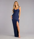 Navy Mermaid Square Neck Sleeveless Draped High Side Slit Floor-Length Prom Dresses
