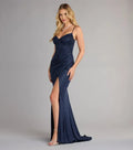 Navy Mermaid Sweetheart Neckline Spaghetti Straps Back Zip Ruched Glitter High Slit Floor-Length Prom Dresses