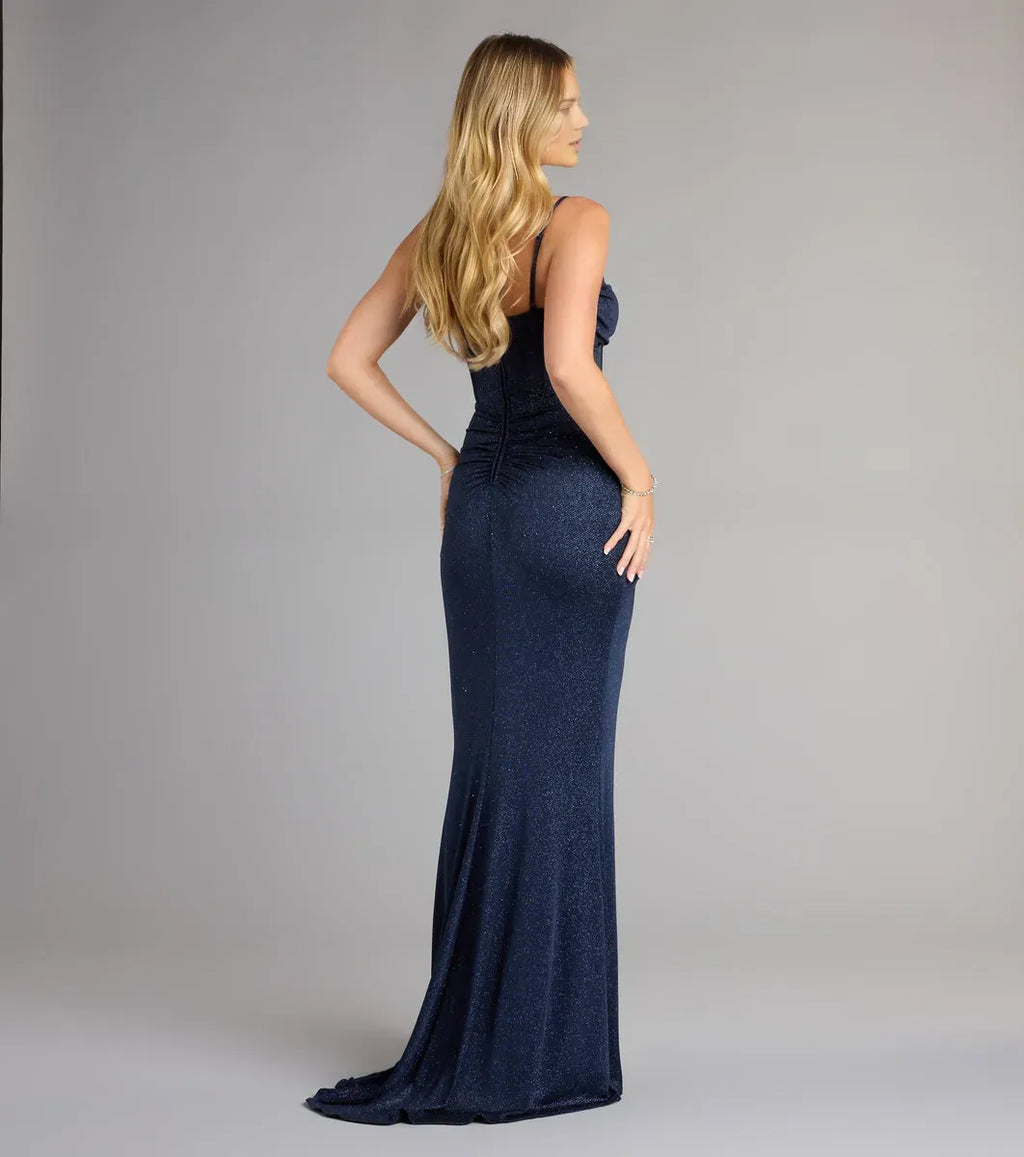 Navy Mermaid Sweetheart Neckline Spaghetti Straps Back Zip Ruched Glitter High Slit Floor-Length Prom Dresses