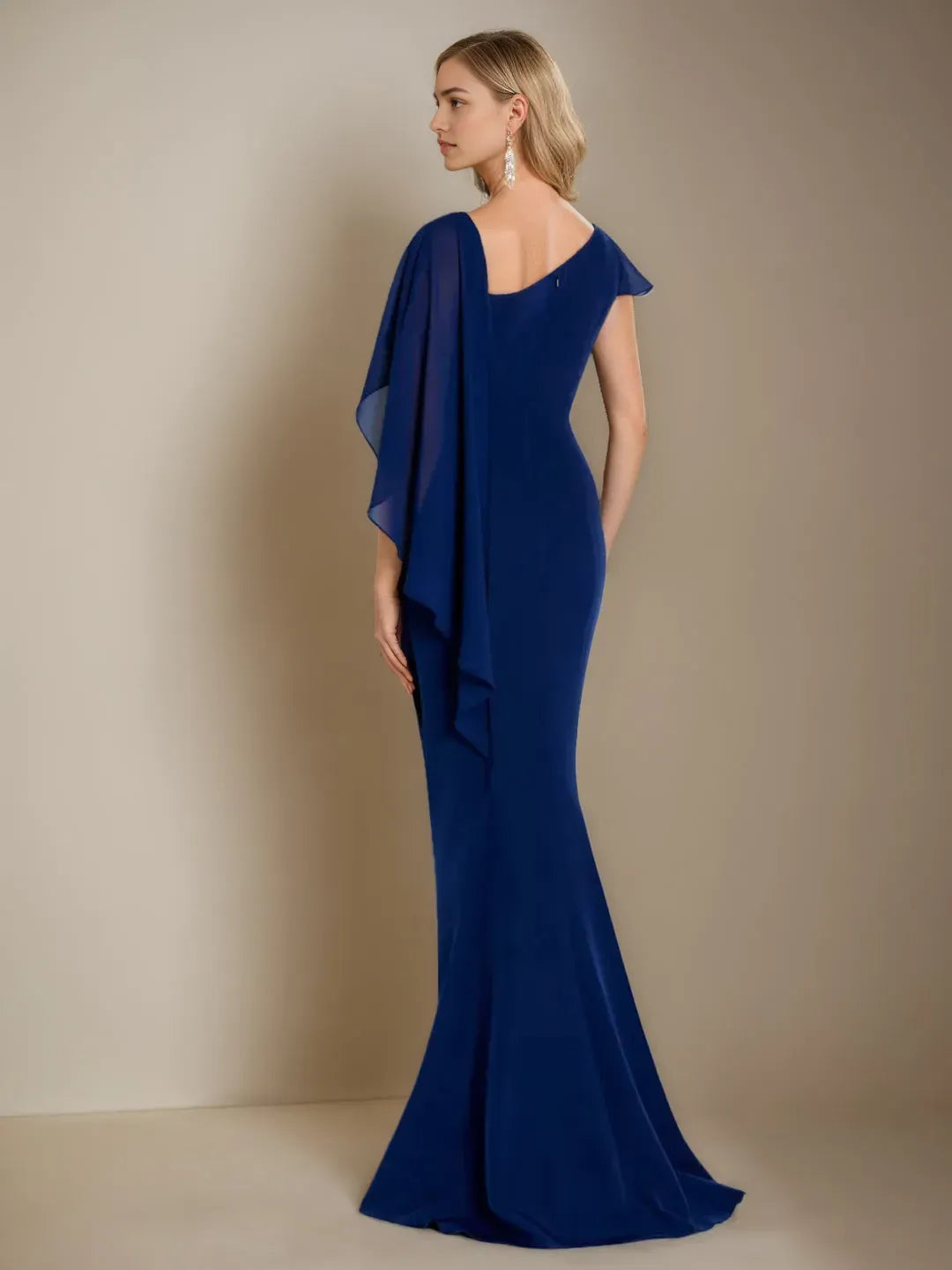 Navy Mother of the Bride Dress Cape Sleeves Detail Mermaid Hem