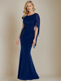 Navy Mother of the Bride Dress Cape Sleeves Detail Mermaid Hem