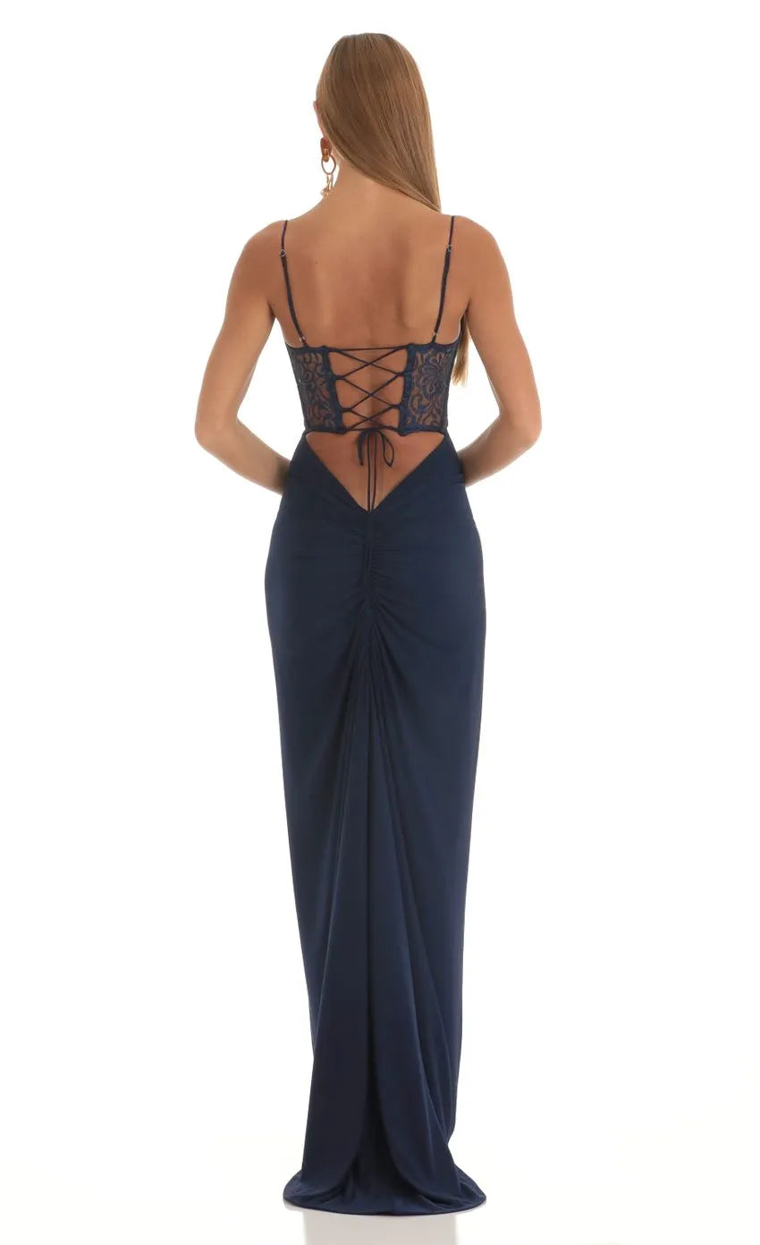 Navy Prom Dresses featuring Spaghetti Straps Sheer Floral Midsection Sweetheart Neckline