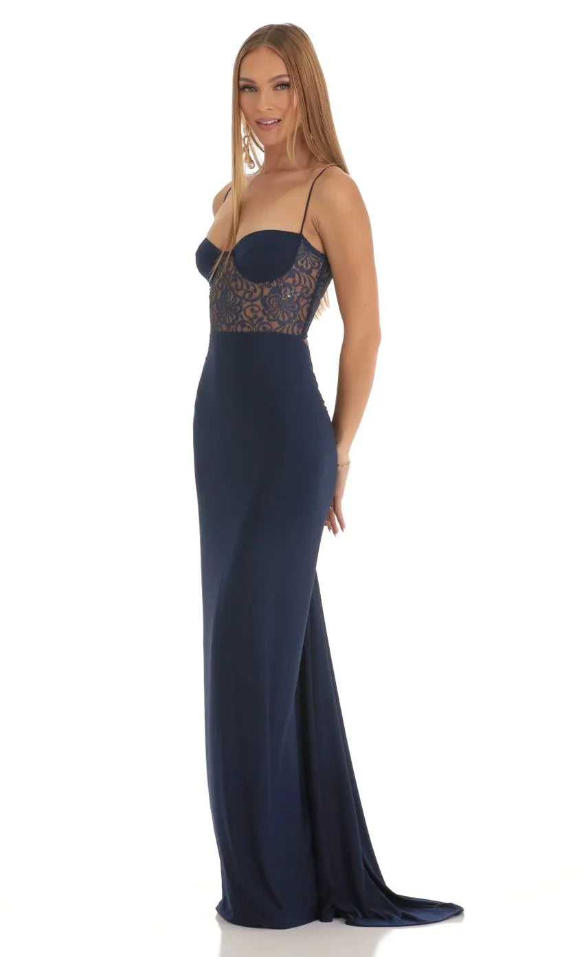 Navy Prom Dresses featuring Spaghetti Straps Sheer Floral Midsection Sweetheart Neckline