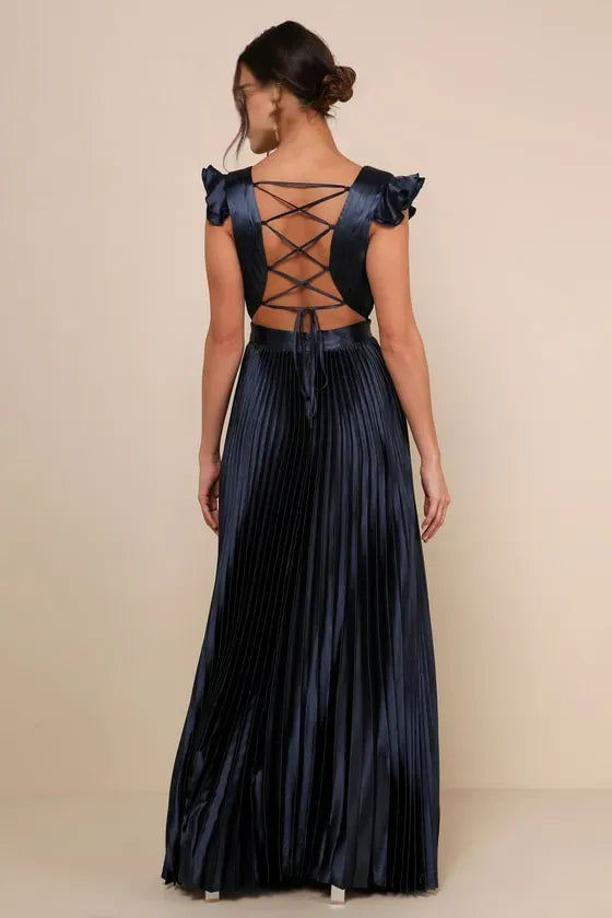 Navy Evening Dress with Deep V - Neck Ruffle Detailing and Pleated Silhouette Perfect for Old Hollywood Glam Events