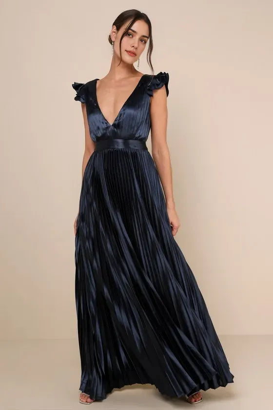 Navy Evening Dress with Deep V - Neck Ruffle Detailing and Pleated Silhouette Perfect for Old Hollywood Glam Events