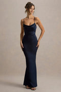 Navy Prom Dress with Cowl Neckline Spaghetti Straps Bodycon Mermaid Silhouette for Formal Evening Events