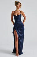 Navy Sheath Twist Cowl Neck Spaghetti Strap Crisscross Back Up Back High - Slit Floor - Length Prom Dresses