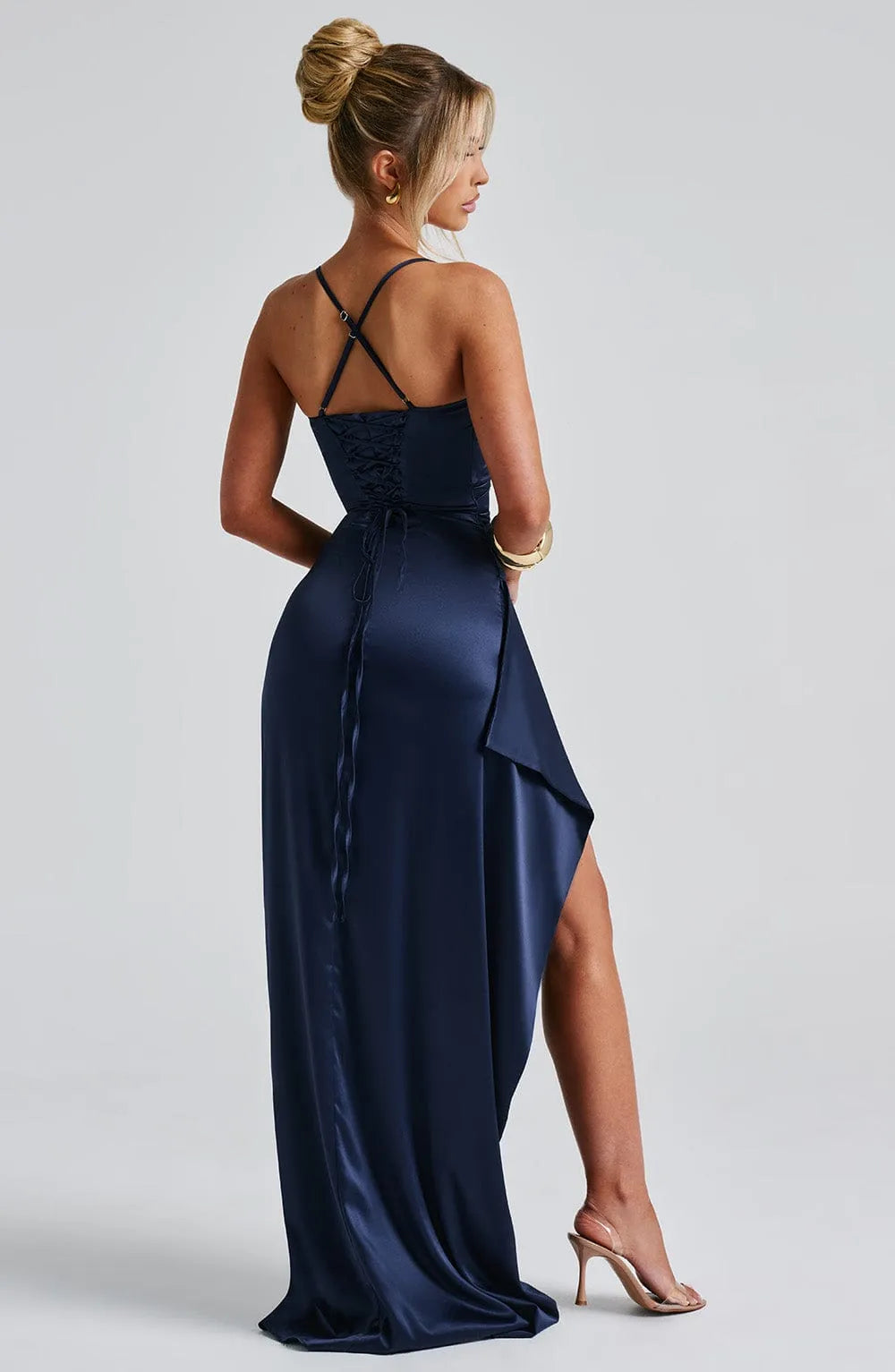 Navy Sheath Twist Cowl Neck Spaghetti Strap Crisscross Back Up Back High - Slit Floor - Length Prom Dresses