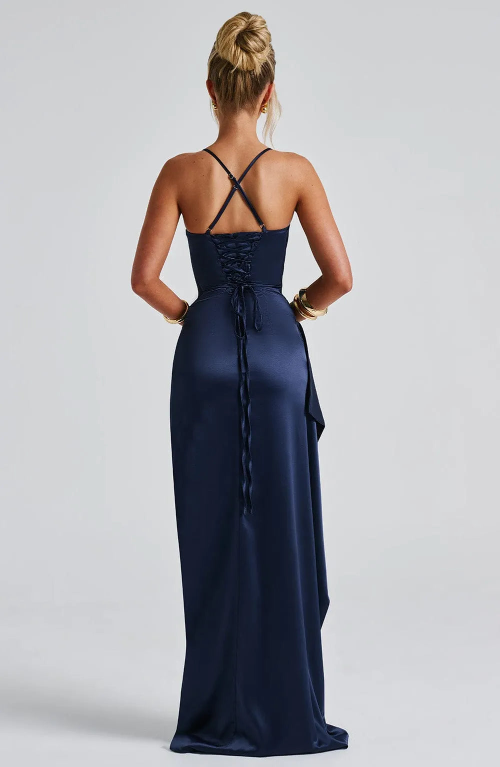 Navy Sheath Twist Cowl Neck Spaghetti Strap Crisscross Back Up Back High - Slit Floor - Length Prom Dresses