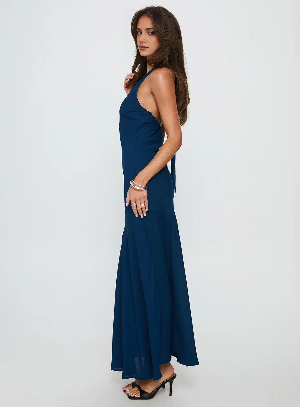 Navy Sheath V-Neck Sleeveless Halter-Tie Backless Floor-Length Prom Dress