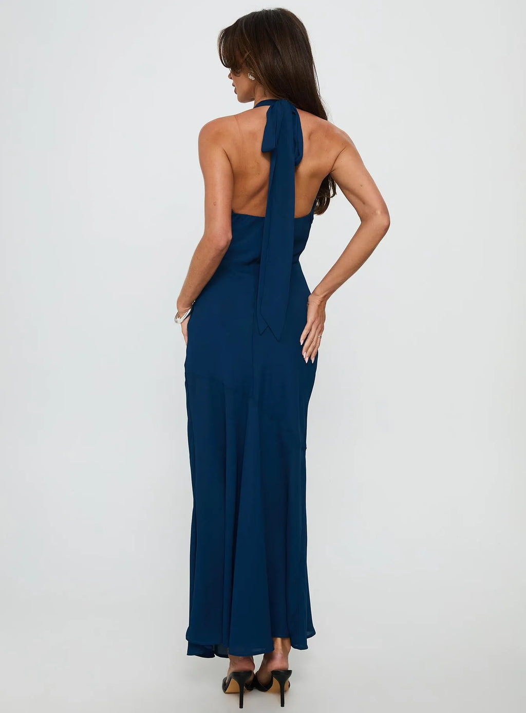 Navy Sheath V-Neck Sleeveless Halter-Tie Backless Floor-Length Prom Dress