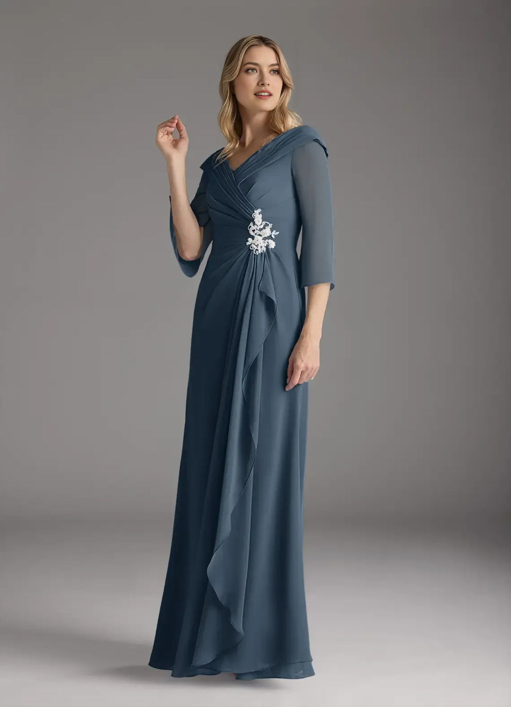 Neptune A-Line Mother of the Bride Dress Surplice V - Neck Sheer 3/4 Sleeves Draped Ruched Detailing Floral Accent
