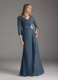 Neptune A-Line Mother of the Bride Dress Surplice V - Neck Sheer 3/4 Sleeves Draped Ruched Detailing Floral Accent