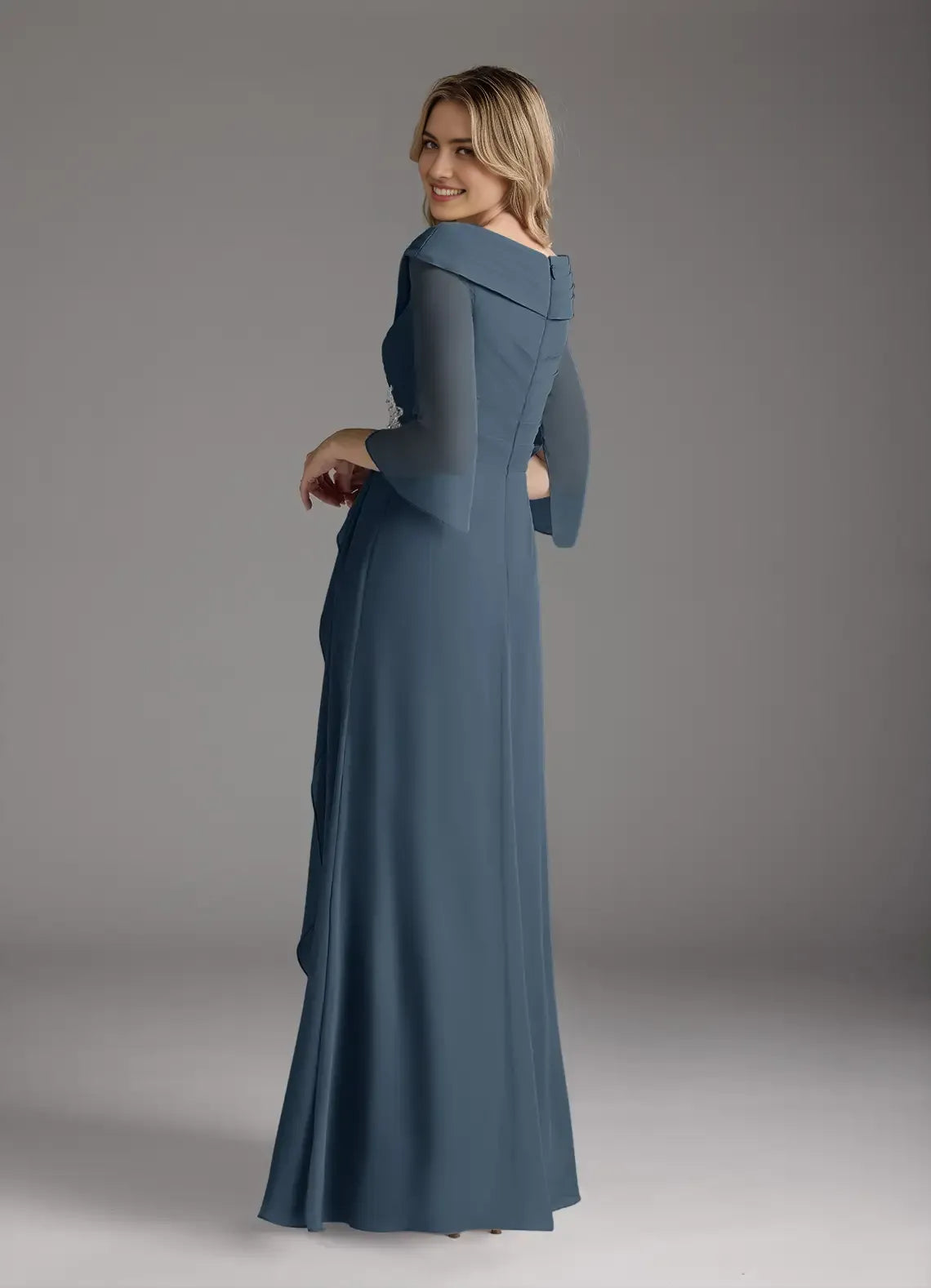 Neptune A-Line Mother of the Bride Dress Surplice V - Neck Sheer 3/4 Sleeves Draped Ruched Detailing Floral Accent