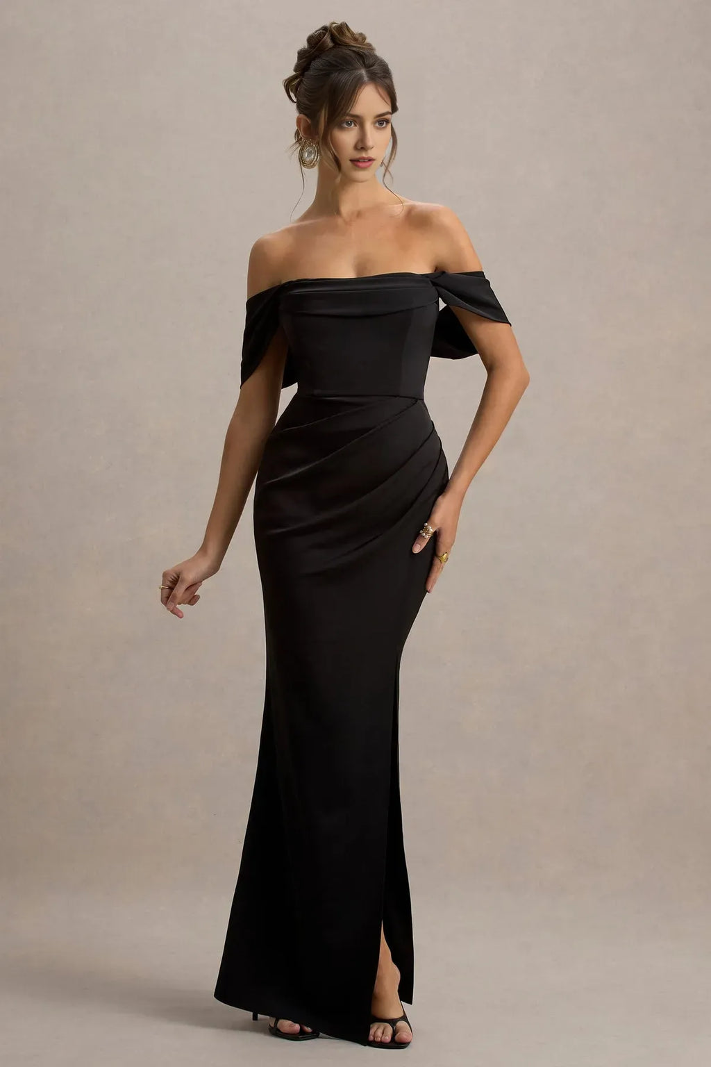 Black Off - Shoulder Prom Dresses with Draped Sleeves Ruched Detailing and High Side Slit Perfect for Proms Galas and Formal