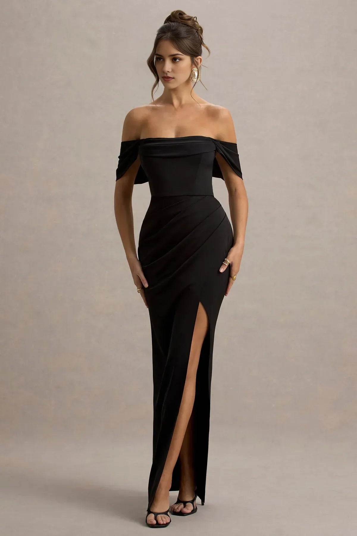 Black Off - Shoulder Prom Dresses with Draped Sleeves Ruched Detailing and High Side Slit Perfect for Proms Galas and Formal