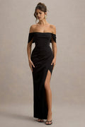 Black Off - Shoulder Prom Dresses with Draped Sleeves Ruched Detailing and High Side Slit Perfect for Proms Galas and Formal