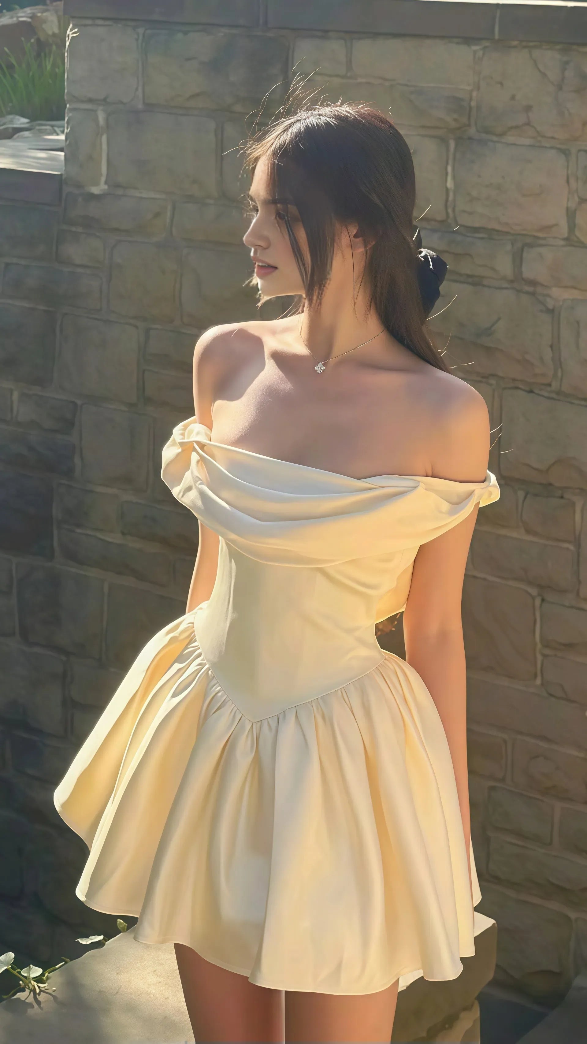 Ivory Off - Shoulder Cowl Neck Homecoming Dress Ivory A-line Corset Mini Gown with Fla Skirt