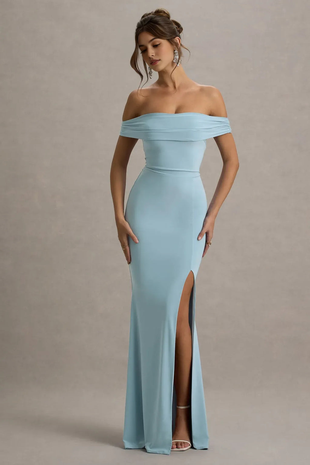 Light Blue Off - Shoulder Light Prom Dress with Side Slit Ruched Neckline Bodycon Silhouette for Formal Occasions
