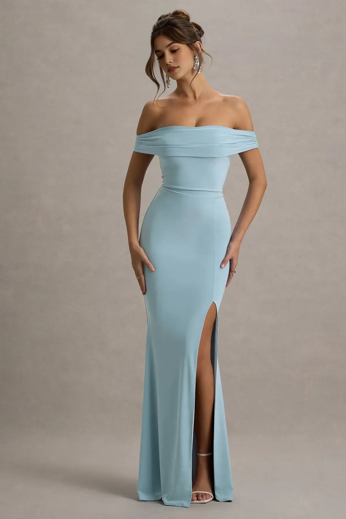 Light Blue Off - Shoulder Light Prom Dress with Side Slit Ruched Neckline Bodycon Silhouette for Formal Occasions