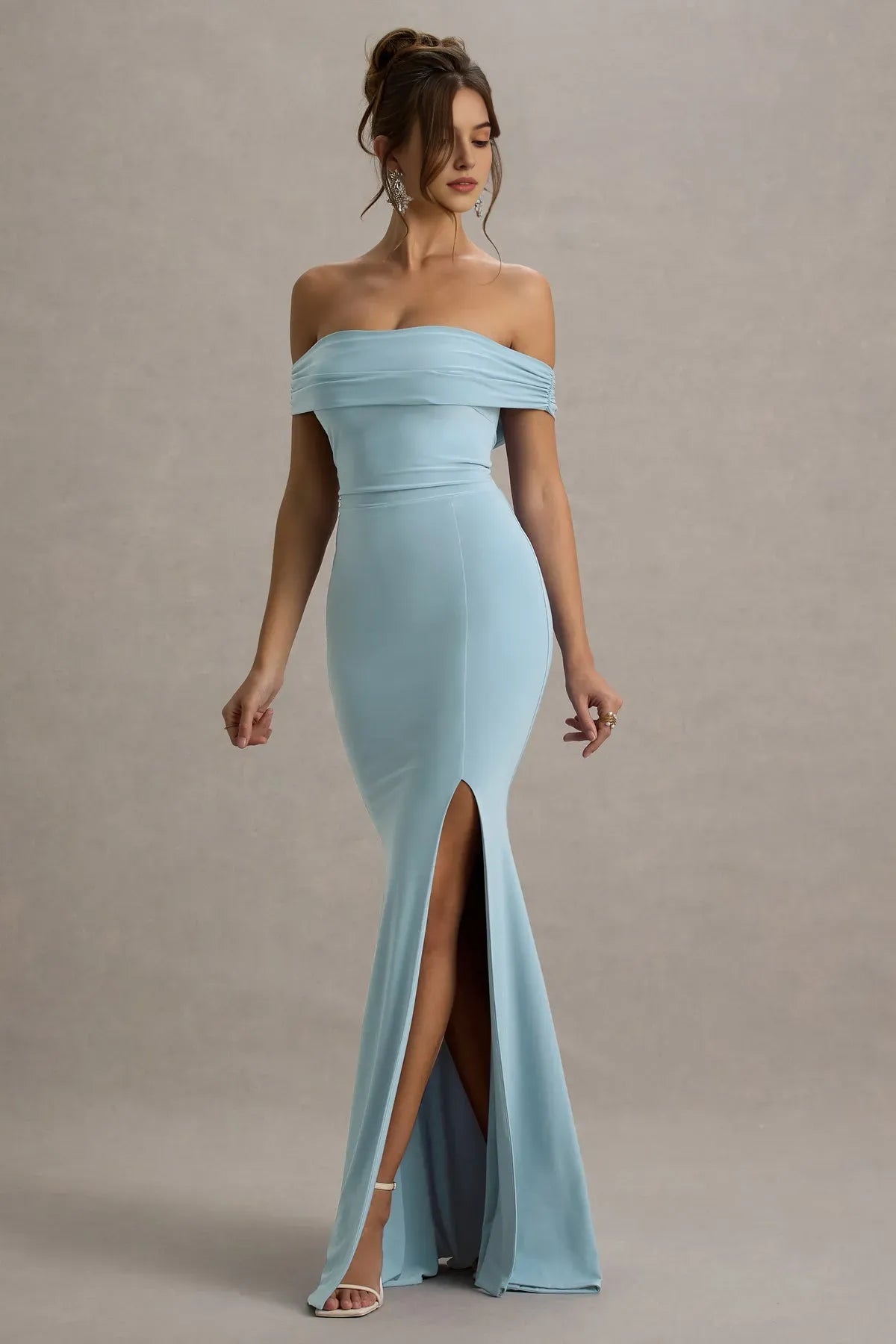 Light Blue Off - Shoulder Light Prom Dress with Side Slit Ruched Neckline Bodycon Silhouette for Formal Occasions