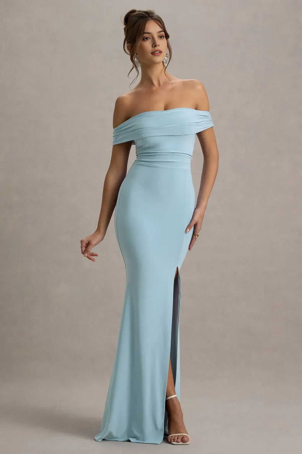 Light Blue Off - Shoulder Light Prom Dress with Side Slit Ruched Neckline Bodycon Silhouette for Formal Occasions