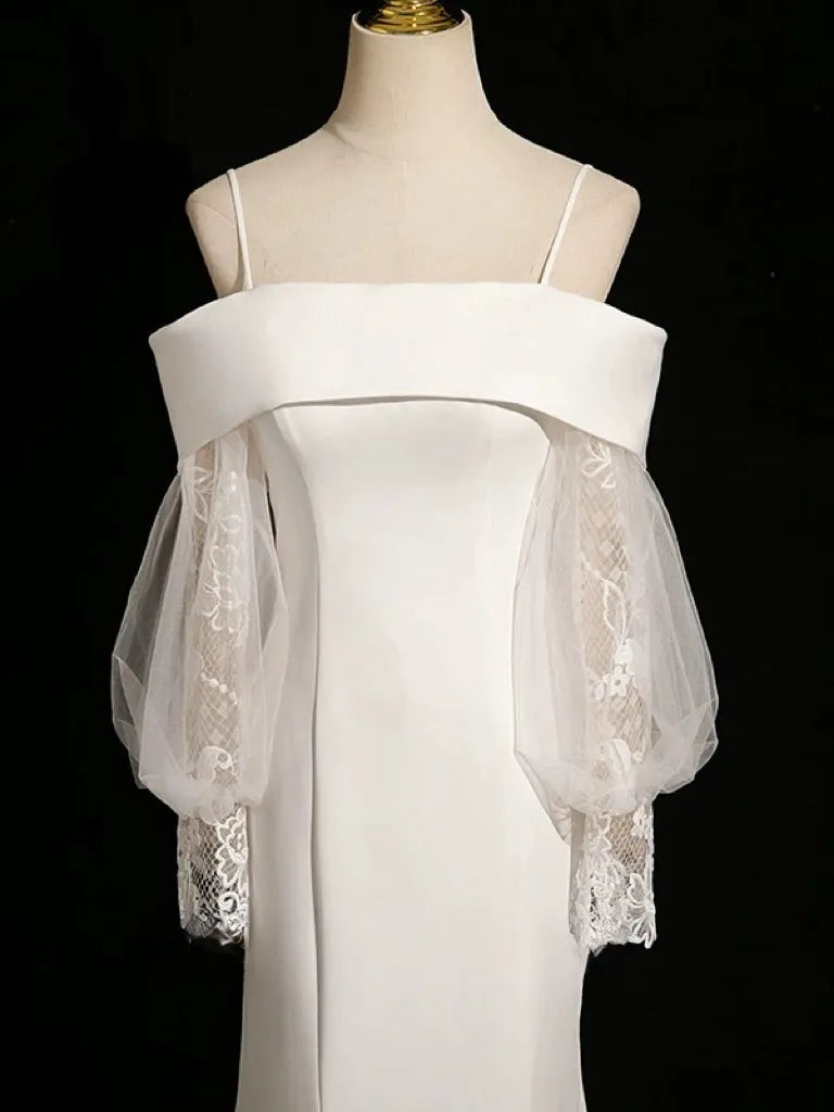 Off - Shoulder Wedding Dress with Sheer Lantern Sleeves Mermaid Silhouette and Minimalist Design for Modern Brides