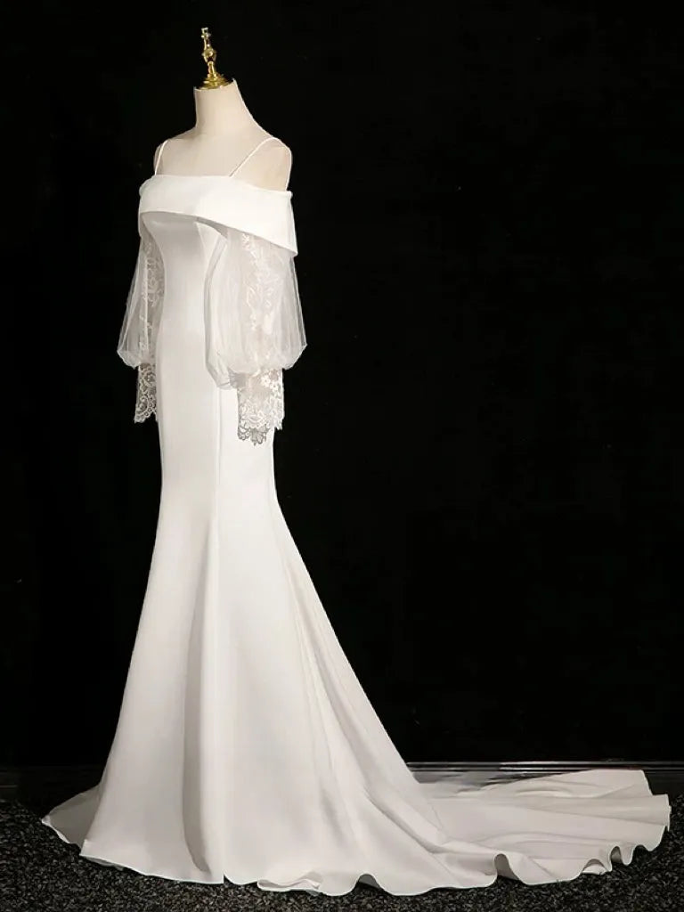 Off - Shoulder Wedding Dress with Sheer Lantern Sleeves Mermaid Silhouette and Minimalist Design for Modern Brides