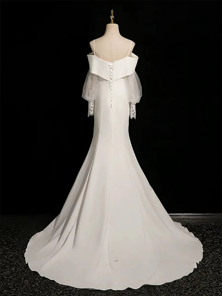 Off - Shoulder Wedding Dress with Sheer Lantern Sleeves Mermaid Silhouette and Minimalist Design for Modern Brides
