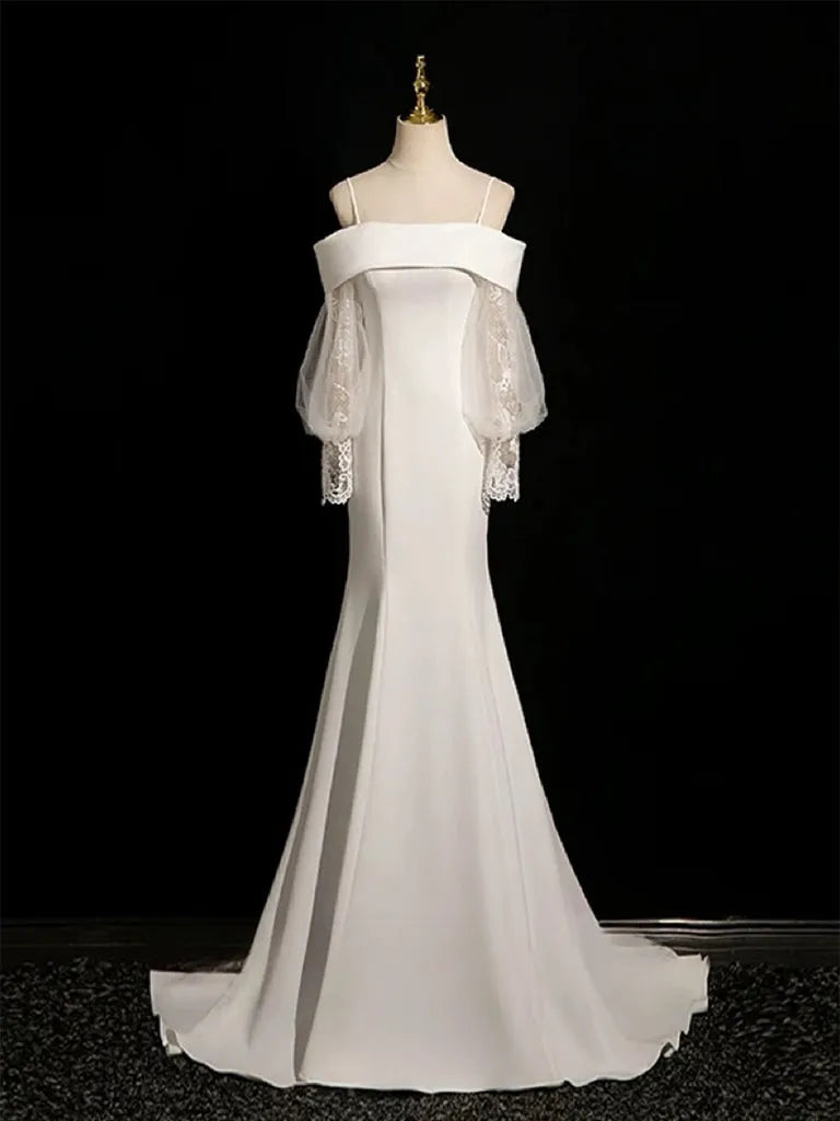 Off - Shoulder Wedding Dress with Sheer Lantern Sleeves Mermaid Silhouette and Minimalist Design for Modern Brides