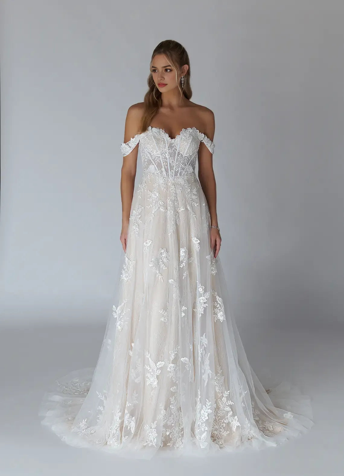Off -Shoulder Wedding Dress Sheer Skirt Intricate Embroidery, Sweetheart Neckline Fit and Flare Silhouette for Romantic Weddings